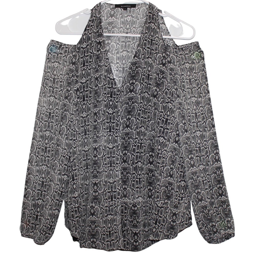 Women's Olivaceous Black White Snakeskin V-Neck Cut Out Long Sleeve Shirt Size M